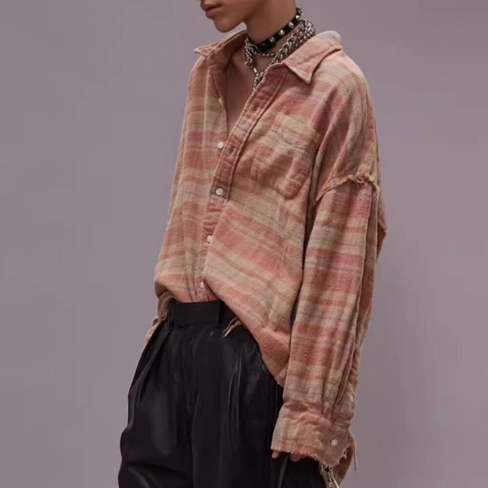NWT R13 Shredded Seam Flannel Drop Neck Shirt Washed-Out Red/Khaki Plaid